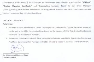 2-	Submission of Requisite documents for allotment of KMU Registration Numbers and Roll Numbers for the upcoming Final Term Examination Session Spring 2019